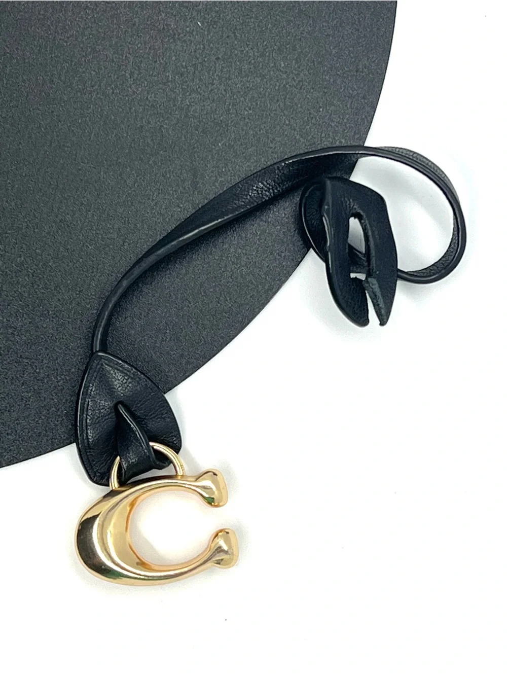 Coach Black Leather Loop Signature C Bag Charm Keychain Gold Tone Hangtag EUC